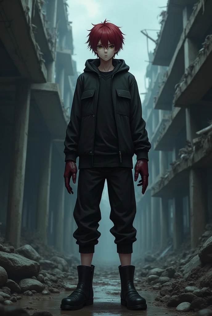 a male teenage character with anime features, wearing a black long-sleeved shirt, black pants, short black boots tucked into pants, black gloves with finger holes and dark red hair, pale skin and beige eyes, in a dark and terrifying post-apocalyptic setting