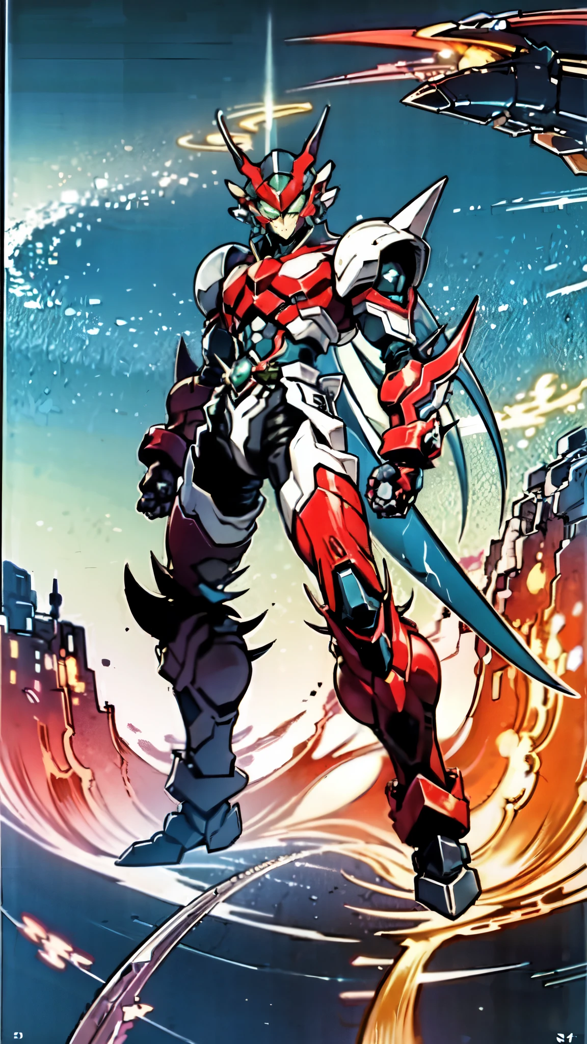 (masterpiece:1.5, best quality:1.5, extremely delicate:1.5, superhero pose:1.5), a man wearing a full-face helmet, a fantasy-style biotech armored combat suit, green eyes, (a composite layered chest armor), fully enclosed shoulder guards, matching arm and leg guards, belt of Neon circuit, (the color scheme is primarily black with green and red accents), the design balances heavy with agility, a high-tech bio-mecha armor, (Armor Concept Inspired by Dragon, stand on the top of a skyscraper in a futuristic sci-fi city), this character embodies a finely crafted fantasy-surreal style armored hero in anime style, exquisite and mature manga art style, (element, plasma, energy, the armor glows), ((male:1.5)), metallic, high definition, highres, ultra-detailed, ultra-fine painting, professional, perfect body proportions, golden ratio, anatomically correct, symmetrical face, extremely detailed eyes and face, high quality eyes, creativity, RAW photo, UHD, 32k, Natural light, cinematic lighting, masterpiece-anatomy-perfect