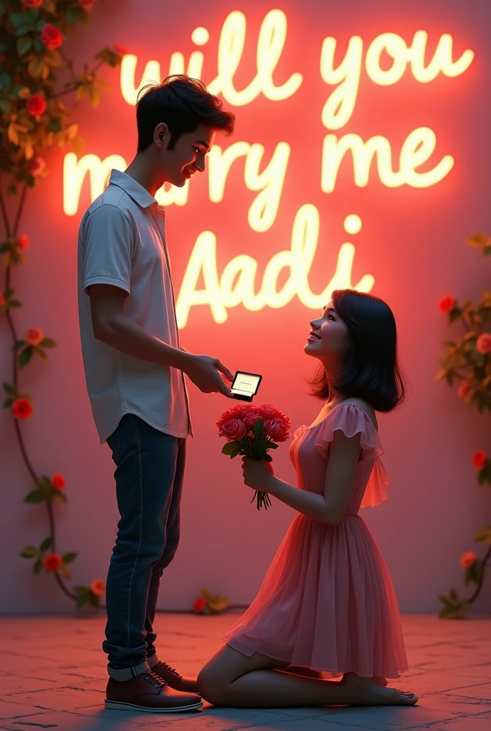 (photorealism:1.2),cute couple,boy age 21 and girl age 18,boy stand up infront of girl,girl sitting on her one knees and proposing him with a ring box and some roses in her hand,girl wearing cute short fancy frock ,and looked at his face,both are looked each other,boy wear half sleeve shirt,and Levis jeans and shoes ,on boy face some smile,girl hair is short shoulder length,boy and girl skin colour is fair,in background written - will you marry me Aadi ,it is a proposal scene


