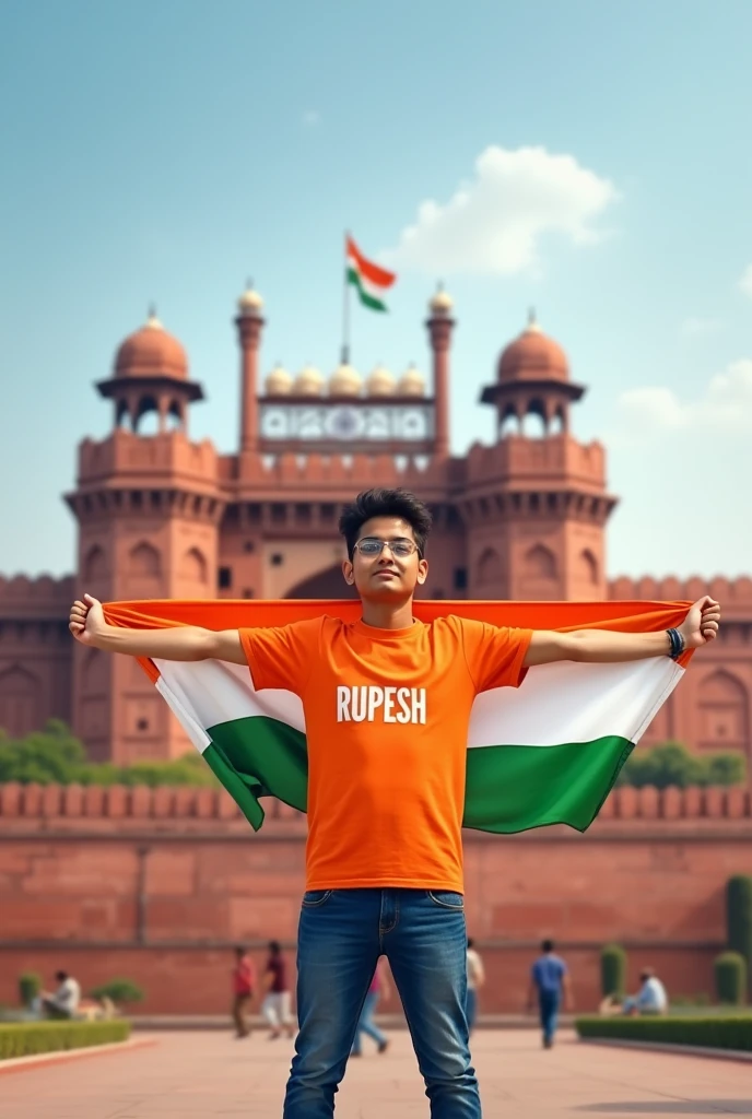 A real 20 years old boy, Wearing Orange T shirt blue jeans sneakers and the name “RUPESH” is written on his t-shirt and the boy is standing on the road with holding a national flag of India, and behind him is the Red Fort Delhi. And written on sky “Independence Day” Create Realistic image high quality