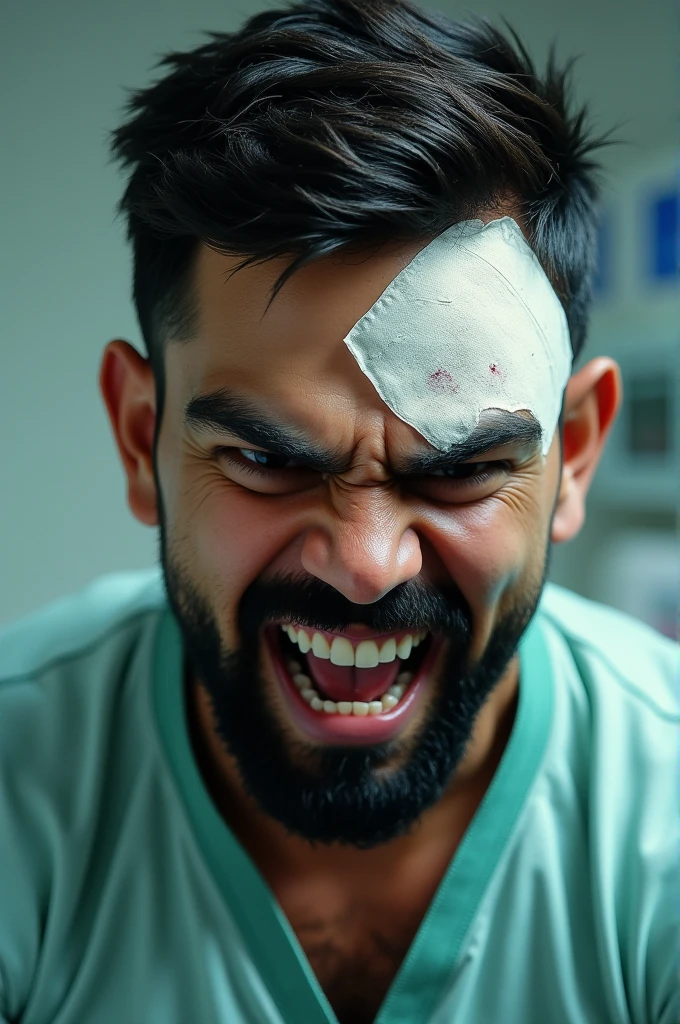 Create best quality  natural closeup image of virat kohli with head injury bandage on forehead blood stains angry look in hospital