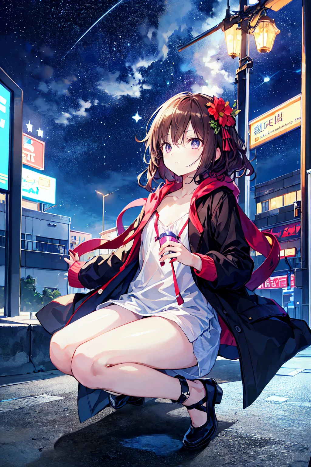 (Cute older sister:1.3)、(Very detailed)、summer、she、Messy Hair、The whole body is visible,Beautiful legs,Active,pumps,moisture、Brown Hair、night、suit,Small breasts,Flat Chest,Wide sky,Beautiful starry sky,1people,Cityscape,美しいnight景,((Highest quality)), (Very detailed), (High-definition CG synthesis 8k wallpaper), 高いly detailed, 高い-definition raw colbor photos, Professional photography, Written boundary depth,Look up at the sky,