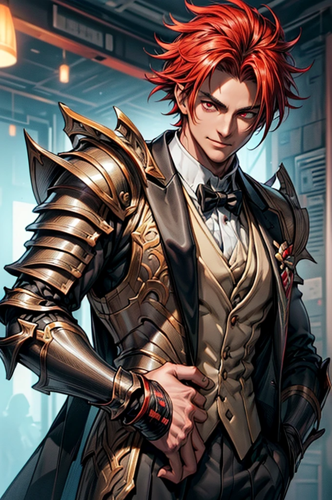 Raw photo, masterpiece, best quality, ultra-detailed, high resolution, extremely detailed CG, unity 8k wallpaper, official art, production art, novel illustration, caustics, textile shading, super detailed skin, perfect anatomy, detailed, cinematic lighting, dynamic lighting, piercing red eyes, young adult guy, chiseled physique, 20 years old, handsome detailed eyes, (bronze-white skin), arrogant smile, (tuxedo fantasy battle armor :1.5), toned muscles, Fiery red hair, piercing jet black eyes, detailed eyes, handsome eyes, full lips, tall height(190cm), behind viewer, back, close up picture