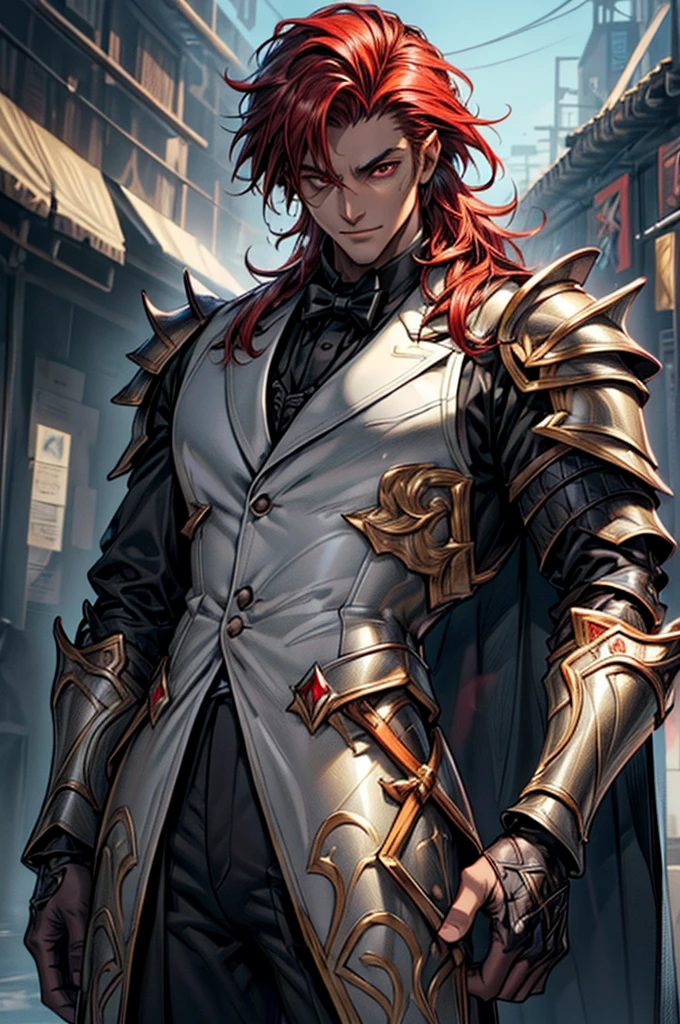 Raw photo, masterpiece, best quality, ultra-detailed, high resolution, extremely detailed CG, unity 8k wallpaper, official art, production art, novel illustration, caustics, textile shading, super detailed skin, perfect anatomy, detailed, cinematic lighting, dynamic lighting, piercing red eyes, young adult guy, chiseled physique, 20 years old, handsome detailed eyes, (bronze-white skin), arrogant smile, (tuxedo fantasy battle armor :1.5), toned muscles, Fiery red hair, piercing jet black eyes, detailed eyes, handsome eyes, full lips, tall height(190cm), behind viewer, back, close up picture