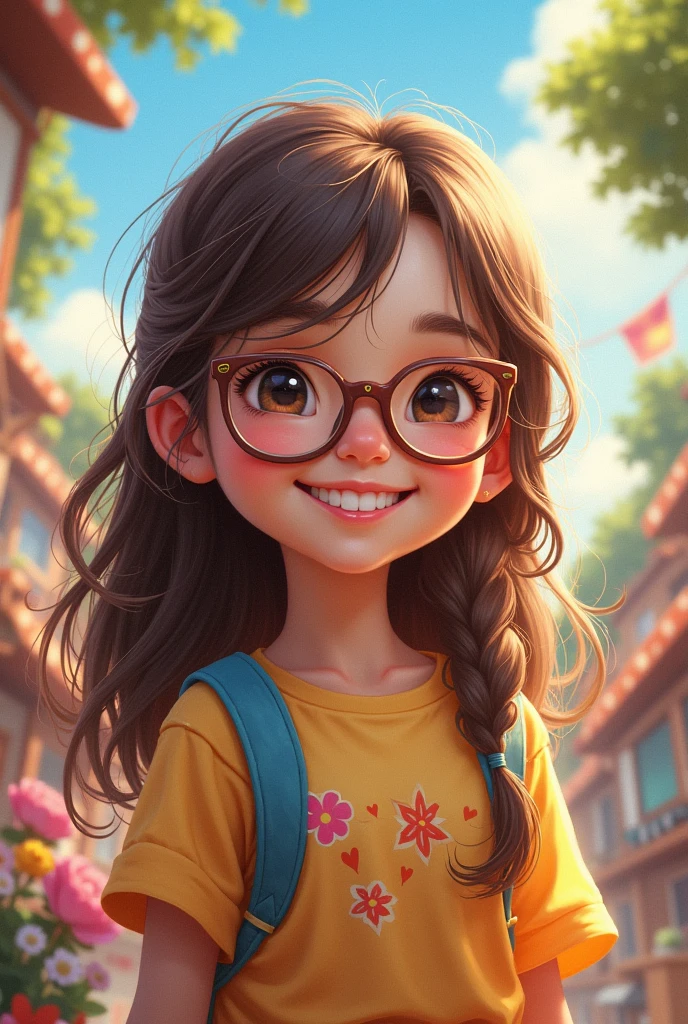 Create a girl with specs and long hair cute smile with the name "Lucky S Creation"