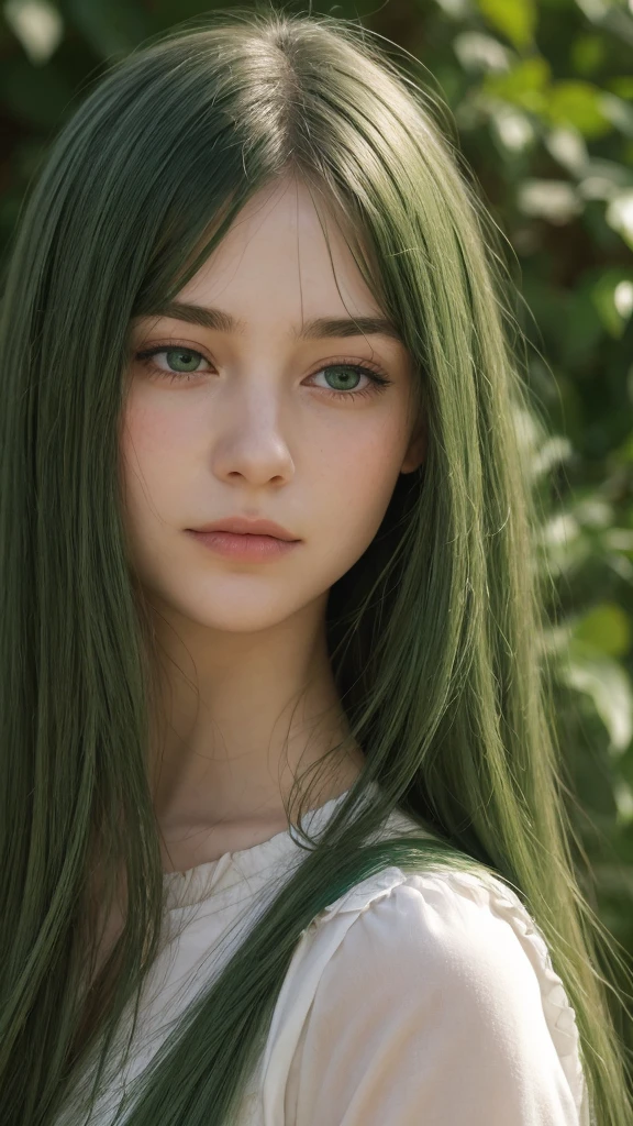 facial portrait. a girl. european. extremely detailed face. oval face. delicate features. deep sadness. half-closed eyes. green eyes. long, straight, very thick hair. green hair. dull expression. frontal. outdoors