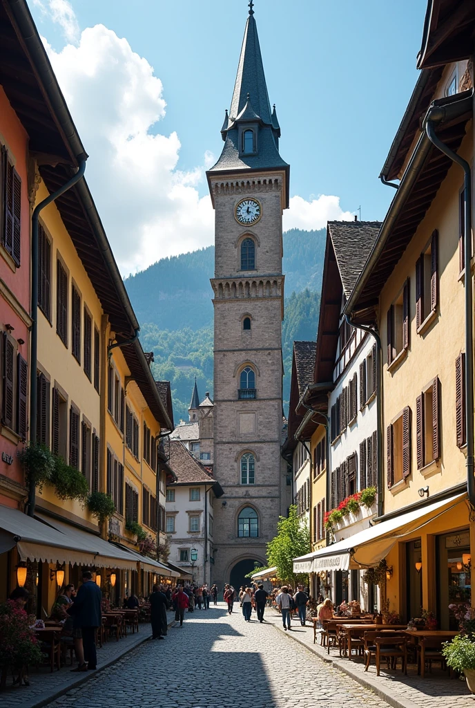 Here is a photo of Bern, the capital of Switzerland, showing the historic old town with its famous landmarks such as the Sieglogge clock tower. (Zytglogge) and cobblestone streets.