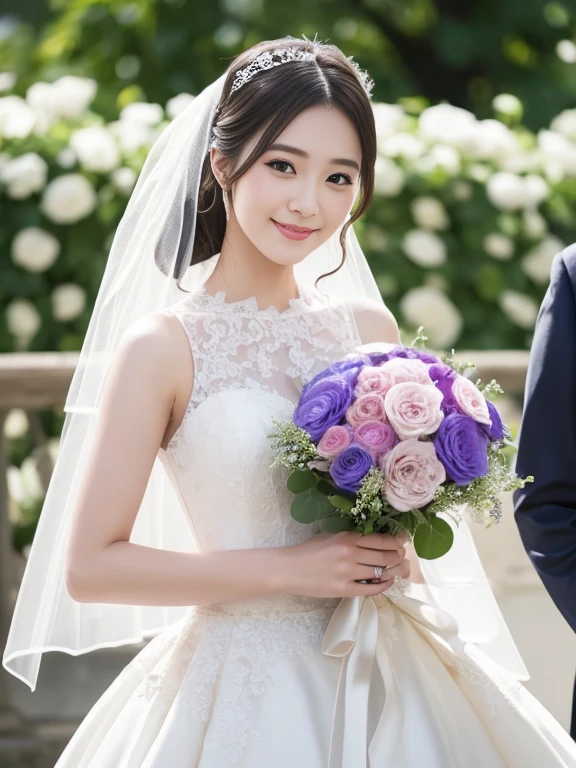 Photo-realistic quality、a woman in a Wedding dress holding a bouquet of flowers、Standing in front of the church、20 year old Japanese model、白のWedding dress,Hanae Mori style wedding dress、Japan idols at 20 years old、lace prom dresses、looking at the camera、Detailed and beautiful eyes、Cute smile、Relaxed and gentle expression、a close up of a woman in a Wedding dress holding a bouquet, Wedding dress, So magical and dreamy、Blur the background a lot、300mm F2.Shot with 8 lenses