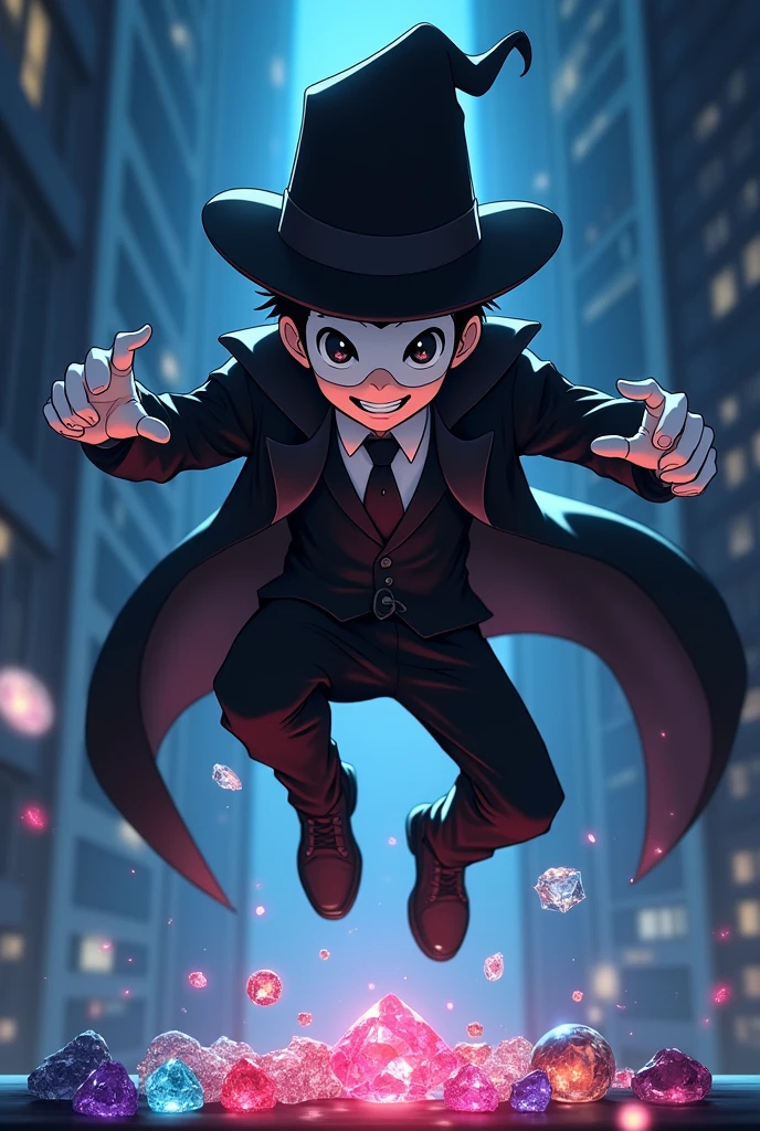 Young Thief, Wearing a white eye mask, Wear a suit jacket and black pants., Put on a magician's hat, Wear a black cloak, Wear white gloves and black shoes., Smiling wickedly, Anime, Make a floating pose, Look down below, The floor is a gemstone exhibition below, at night.