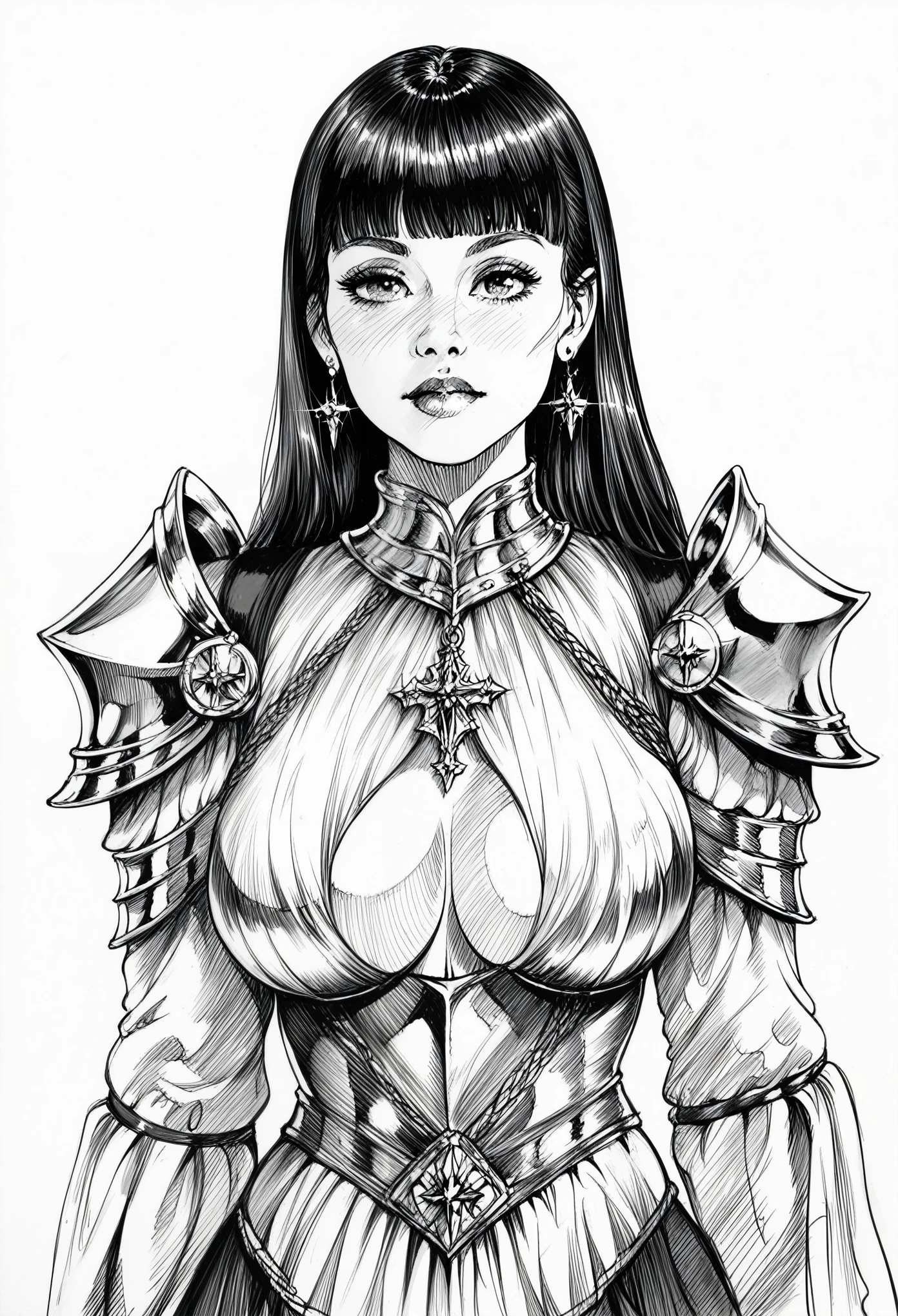 score_9, score_8_up, score_7_up, 1girl, sp1t, masterpiece, best quality, high quality, detailed clothes, detailed, monochrome, sketch, abundant detailed hatching shading, monochrome, big breasts, facing viewer, knight outfit, white background, earring, neutral expression, straight hair, blunt bangs