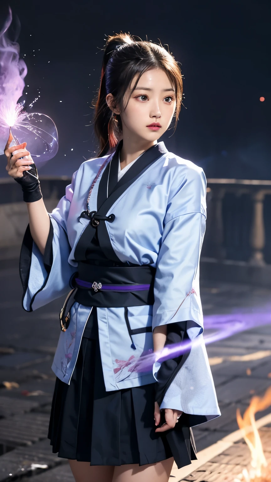 One girl, kimono, ponytail ,Gray Hair, Purple eyes, magic circle, Blue Fire, Blue Flame, wallpaper, landscape, Blood, Blood splatter, Depth of written boundary, night, Particles of light, light, Side light, Thighs, destiny \(series\), Genshin Impact, ****, Open jacket, skirt, Knee socks, cloud