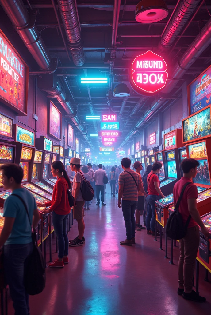 Arcade Game,s arcade, a very eye-catching area, with neon lights, video games, Spacious, people playing, 80&#39;s retro look, with PAC Man games, mortal kombat,  pinball and dance games