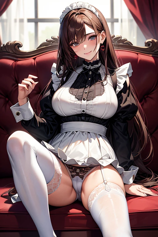 Highest quality, masterpiece, Adult women,8 heads，Sexy mother，Long sleeve maid outfit，Without skirt，Long Hair，Brown Hair，Hearts in eyes，Dark Room，Sit shallowly on the sofa，Spread your legs、Leg spread，White tights，White garter belt，Wet white lace panties，I can see your pants，A seductive smile, Plump thighs，Long legs，Droopy eyes, Low - Angle