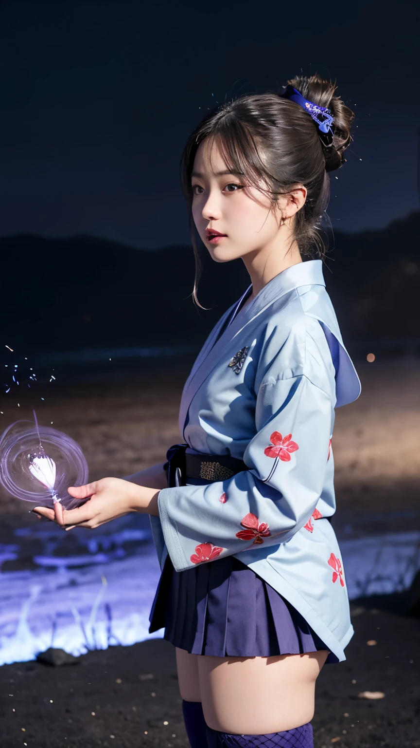 One girl, kimono, ponytail ,Gray Hair, Purple eyes, magic circle, Blue Fire, Blue Flame, wallpaper, landscape, Blood, Blood splatter, Depth of written boundary, night, Particles of light, light, Side light, Thighs, destiny \(series\), Genshin Impact, ****, Open jacket, skirt, Knee socks, cloud