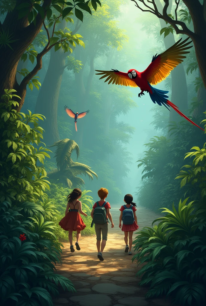 As they advanced through the forest, Peter and Laura, they encountered talking and enchanting animals. 

first, knew Jandira, a macaw with bright feathers.

Jandira, Peter and Laura evitaram uma planta carnívora e descobriram uma trilha secreta.

