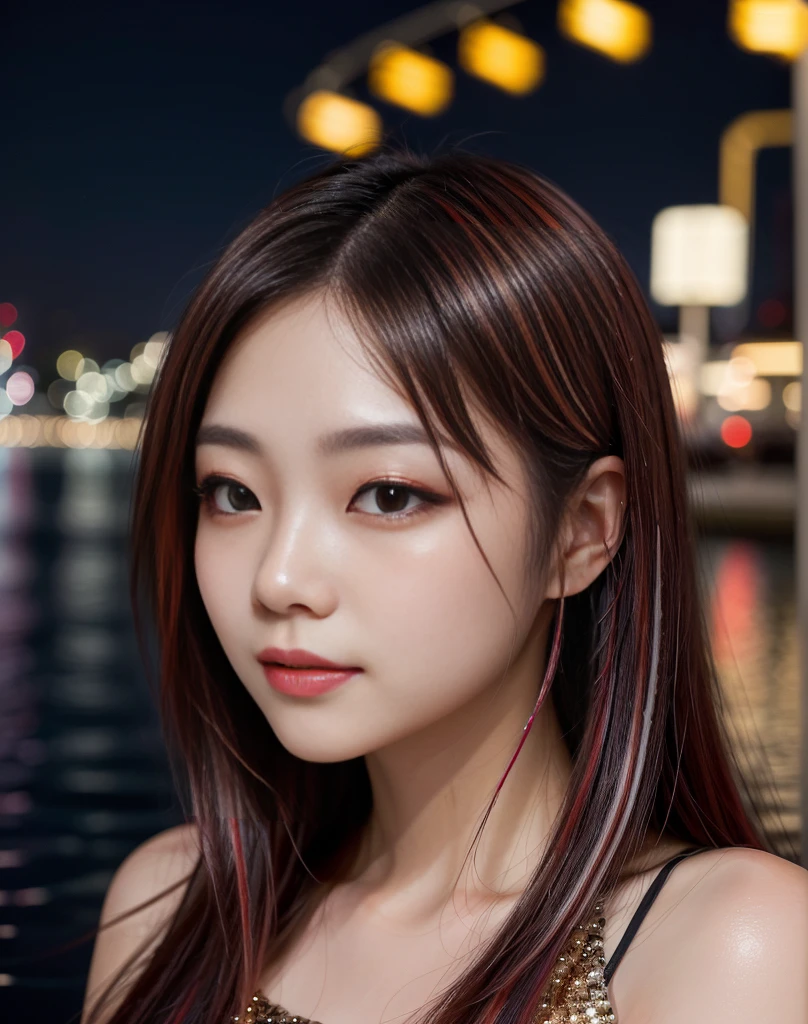 /IA A beautiful Japanese woman wearing a short sequined dress. Colorful lights are reflected in the water droplets. She has long hair with red highlights, Her face is highlighted against the blurred background --ar 3:4 --style life