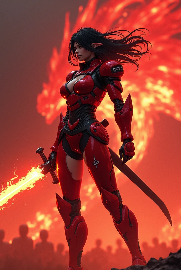 (masterpiece:1.2, Highest quality,High resolution,Super detailed),8k,wallpaper,(Very detailed),(Armored Core Style),Woman in ninja robot armor,Black Hair,Random Hairstyles,(Flame Ninja),(Red body),(Detailed face:1.3),(Detailed body:1.3),(Cowboy Shot:1.6),(The background is a red battlefield with a translucent dragon made of summoned flames.:2.0),Hair blowing in the wind,cyber punk,(dynamic),(Preparing for battle,Wield a giant sword with both hands:1.2,The electronic parts of the armor glow.:1.6),(Detailed hands:1.6),(Flashy special move effects:2.0), elf ears, cleavage, thigh, short skirt, sexy