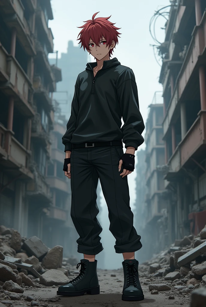 a male age character with anime features, wearing a black long-sleeved shirt, black pants, short black boots tucked into pants, black gloves with finger holes and dark red hair, pale skin and beige eyes, in a dark and terrifying post-apocalyptic setting