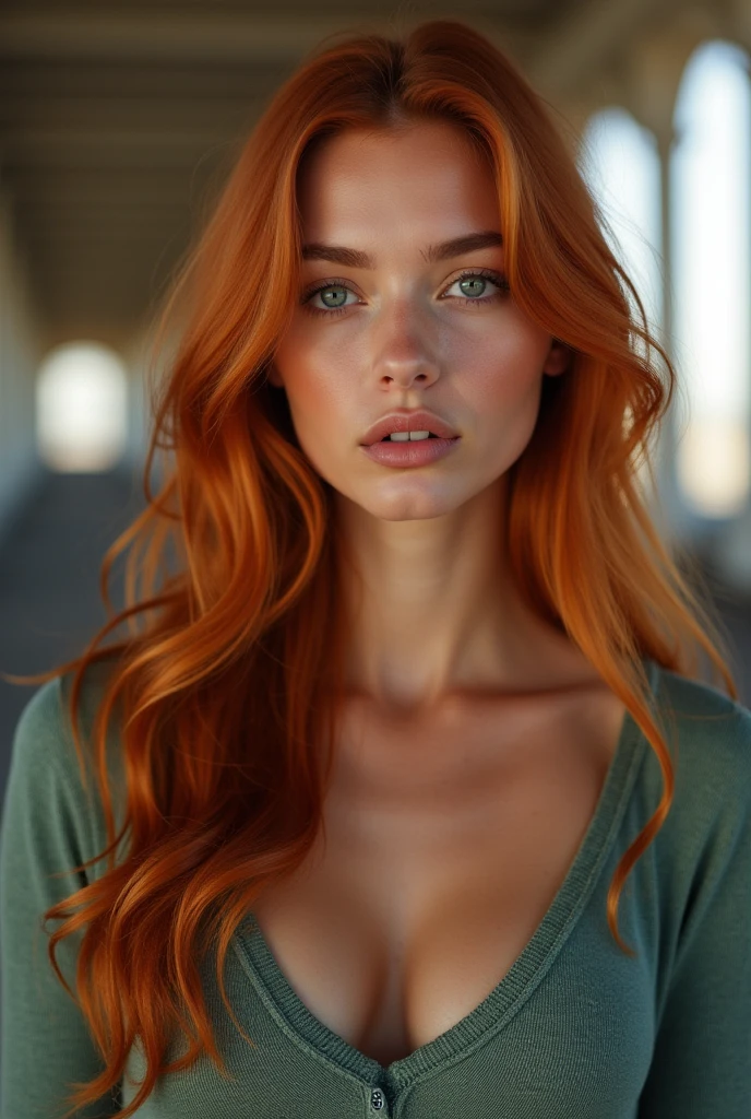 professionnel, (photo 4k:1.1), Détails élevés, Résistant (chemise serrée:1.2), beau visage détaillé, une jolie femme aux longs cheveux rouges regarde la caméra, ressemblant à l&#39;actrice Katherine McNamara, Panasonic Lumix S Pro 50mm f/1.4, Anne Stokes, tâche de couleur, orange foncé et émeraude foncé, Ferrania P30, photo réaliste, (jolie jeune femme:1.3), (séduisant:1.1), (rougir:1.1), forme du corps en sablier, gros seins ronds, Hanches larges, en arrière-plan la ville, prendre un selfie, Résistant jumper