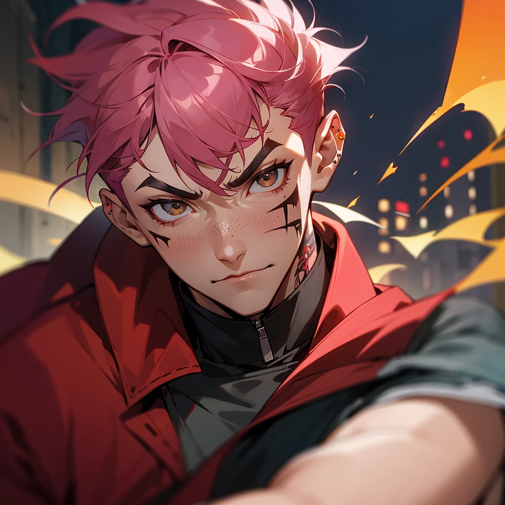 arcane style, (1 man), handsome, cropped hooded jacket, dark red jacket with black details, tattoo on arm, asymmetrical bangs, band-aid, short hair (shaved on one side), bangs freckles, light brown eyes, muscular man, looking at viewer, tattoo on neck, piercing in nose, pink hair, scar, scar on face, solo, tattoo on face, detailed background, city, alley, dark alley, night, angry, close-up, mouth closed, , ((masterpiece)), masculine face,