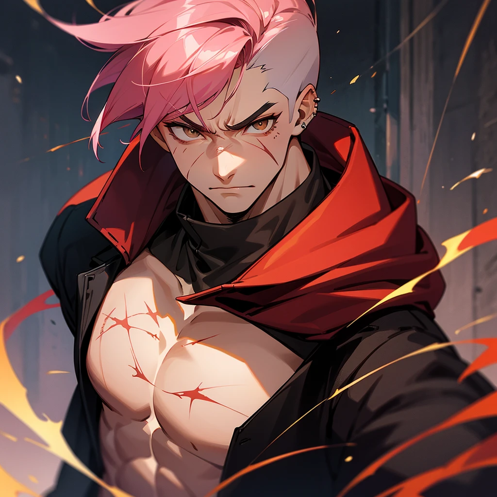 arcane style, (1 man), handsome, cropped hooded jacket, dark red jacket with black details, tattoo on arm, asymmetrical bangs, band-aid, short hair (shaved on one side), bangs freckles, light brown eyes, muscular man, looking at viewer, tattoo on neck, piercing in nose, pink hair, scar, scar on face, solo, tattoo on face, detailed background, city, alley, dark alley, night, angry, close-up, mouth closed, , ((masterpiece)), masculine face,
