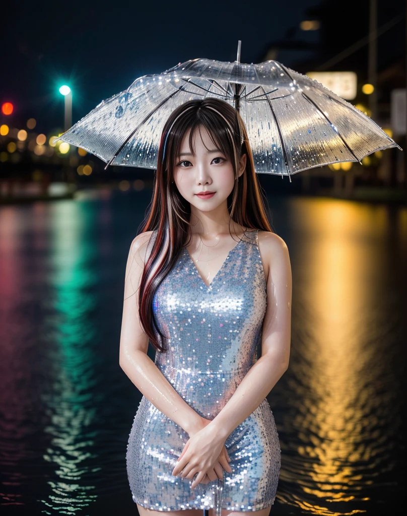 /A beautiful Japanese woman in a short sequined dress standing in the rain.. Colorful lights are reflected in the water droplets. She has long hair with red highlights, Her face is highlighted against the blurred background --ar 3:4 --style life