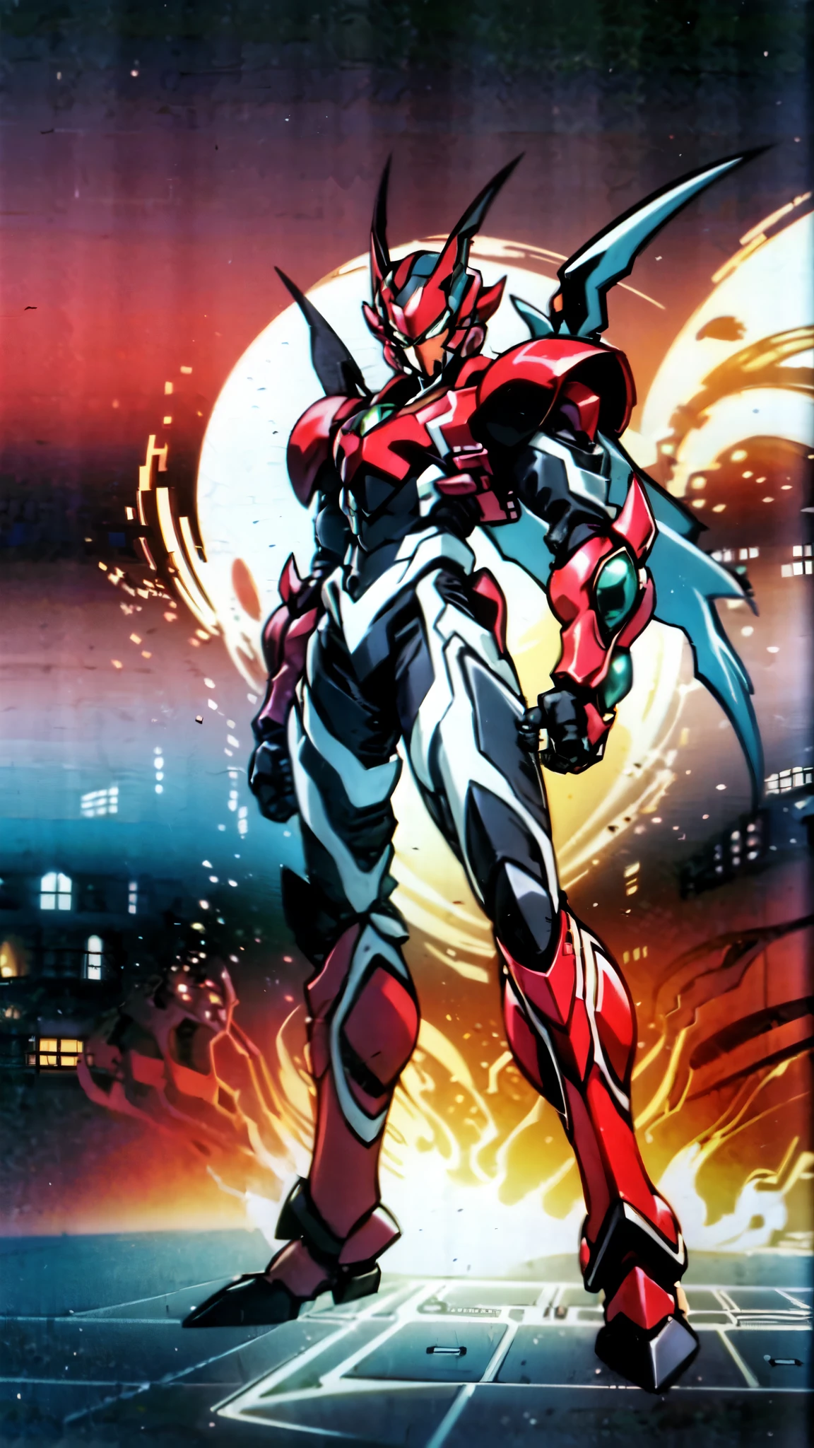 (masterpiece:1.5, best quality:1.5, extremely delicate:1.5, superhero pose:1.5), a man wearing a full-face helmet, a fantasy-style biotech armored combat suit, green eyes, (a composite layered chest armor), fully enclosed shoulder guards, matching arm and leg guards, belt of Neon circuit, (the color scheme is primarily black with green and red accents), the design balances heavy with agility, a high-tech bio-mecha armor, (Armor Concept Inspired by Dragon, stand on the top of a skyscraper in a futuristic sci-fi city), this character embodies a finely crafted fantasy-surreal style armored hero in anime style, exquisite and mature manga art style, (element, plasma, energy, the armor glows), ((male:1.5)), metallic, high definition, highres, ultra-detailed, ultra-fine painting, professional, perfect body proportions, golden ratio, anatomically correct, symmetrical face, extremely detailed eyes and face, high quality eyes, creativity, RAW photo, UHD, 32k, Natural light, cinematic lighting, masterpiece-anatomy-perfect