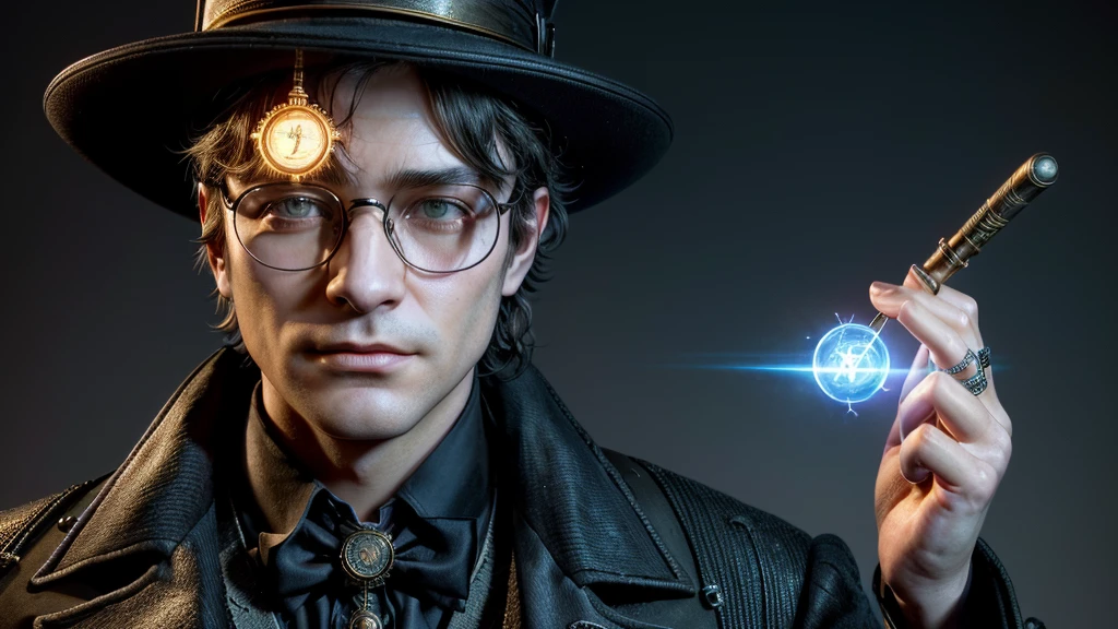 a close-up of a man with a hat and glasses holding a wand, steampunk magician, old cyberpunk, Harry Potter em Cyberpunk, magician pondering his orb, robot magician, portrait of a magician, typical cryptocurrency nerd, magician, portrait of a digital shaman, arte steampunk digital, vaporwave and cyberpunk, beeple e jean giraud, predicting the future