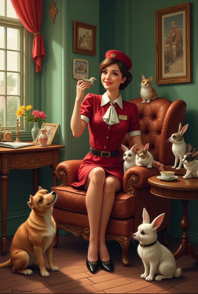 a picture of flight attendant with animals at the vintage house( using 
the different  types of elements of art)