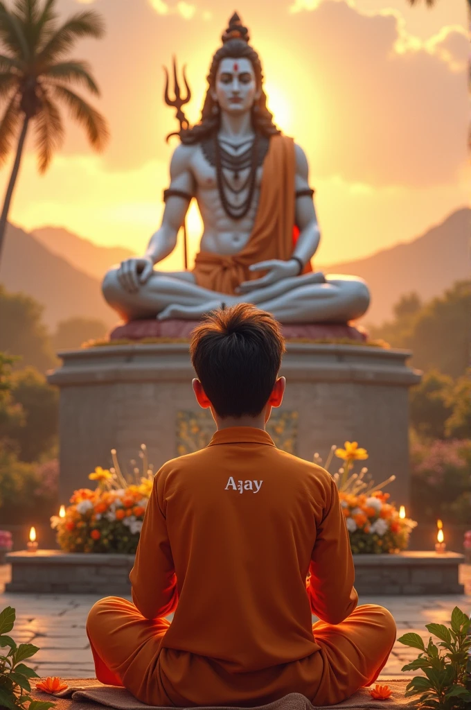 A 20 years old boy, is seated and praying in front of a Shivling adorned with flowers and belpata (green leaves). Behind him, there's a Statue of Lord Shiva. The boy is wearing a saffron kurta on which name "Ajay" written clearly , have stylish hair and look very cute, enhancing the spiritual or religious ambiance, background features with hills, sunrise.