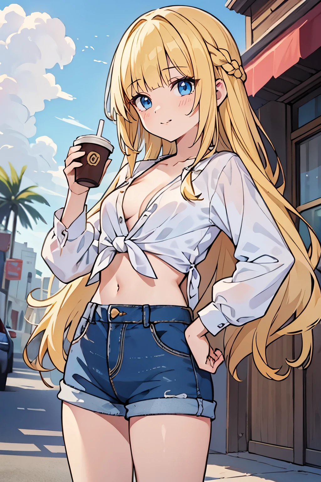 masterpiece, solo girl, (young female body:1.4), (medium small breasts), cowboy shot, flustered, yellow golden hair, extra gold long hair, thick wavy hair, hime cut, blunt bangs, crystal blue eyes, light blue detailed eyes, princess hairstyle, tied up braidhair, college girl, dark blue jeans, white knotted button up shirt, tied shirt in the front, cropped knotted beach shirt, long sleeves, standing in the streets background, exposed midriff, cleavage, holding coffee to go cup in one hand, one hand on hip