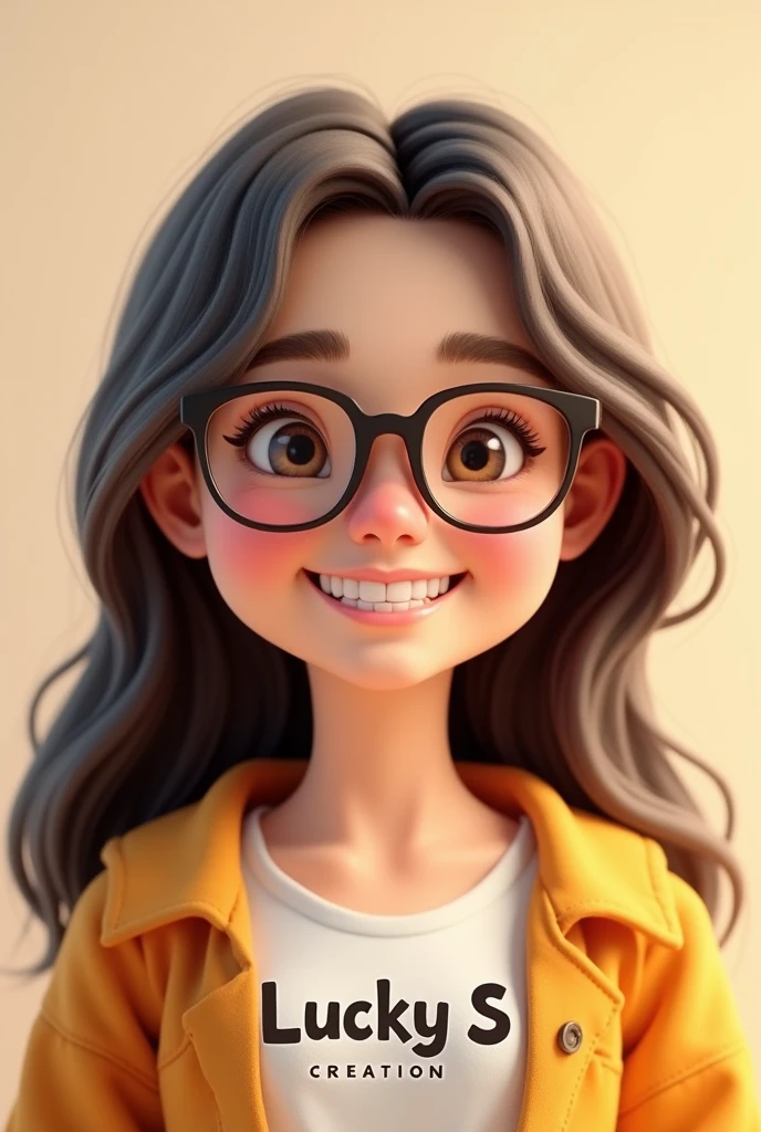 Create a girl with specs and long hair cute smile with the text "Lucky S Creation"