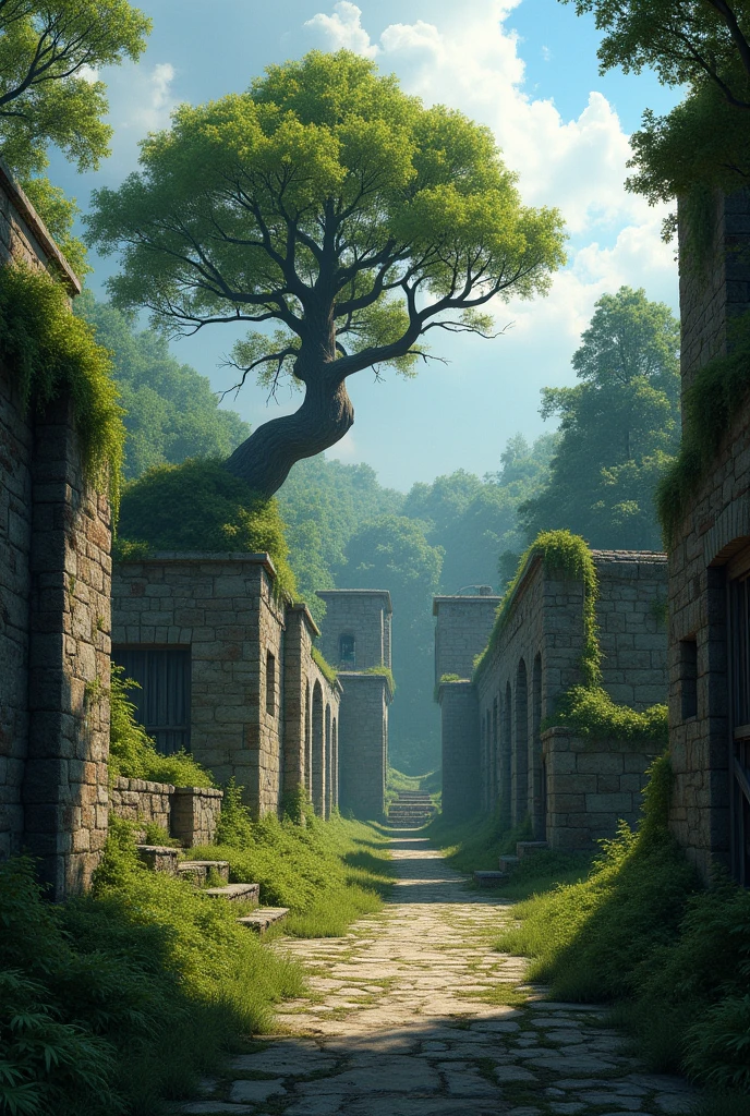 Realistic, ruins, of a little town, a little forest far around, with a tree in the center