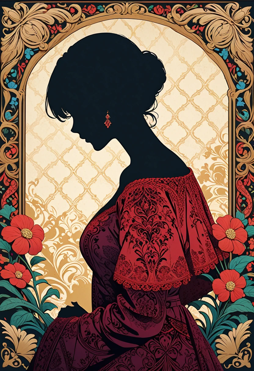 (masterpiece, best quality,ultra highres),An illustration of an european girl's silhouette with traditional french patterns and floral motifs, creating a visually stunning composition on the canvas. The background is adorned with vintage-style elements like lacework details and checkered paper textures. This design adds intricate beauty to your creative projects in the style of traditional french art.