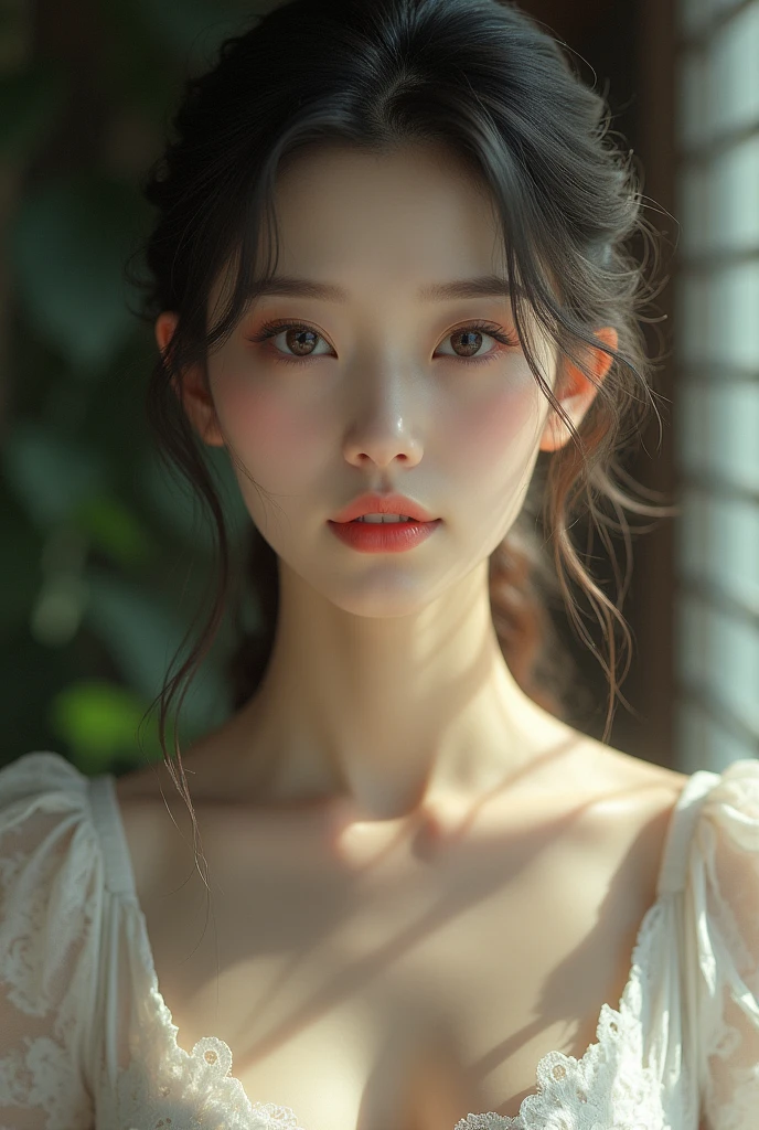 An elegantly dressed Japanese woman in natural light、A close-up of her chest and calm expression.、It shows her inner peace and outer charm.。