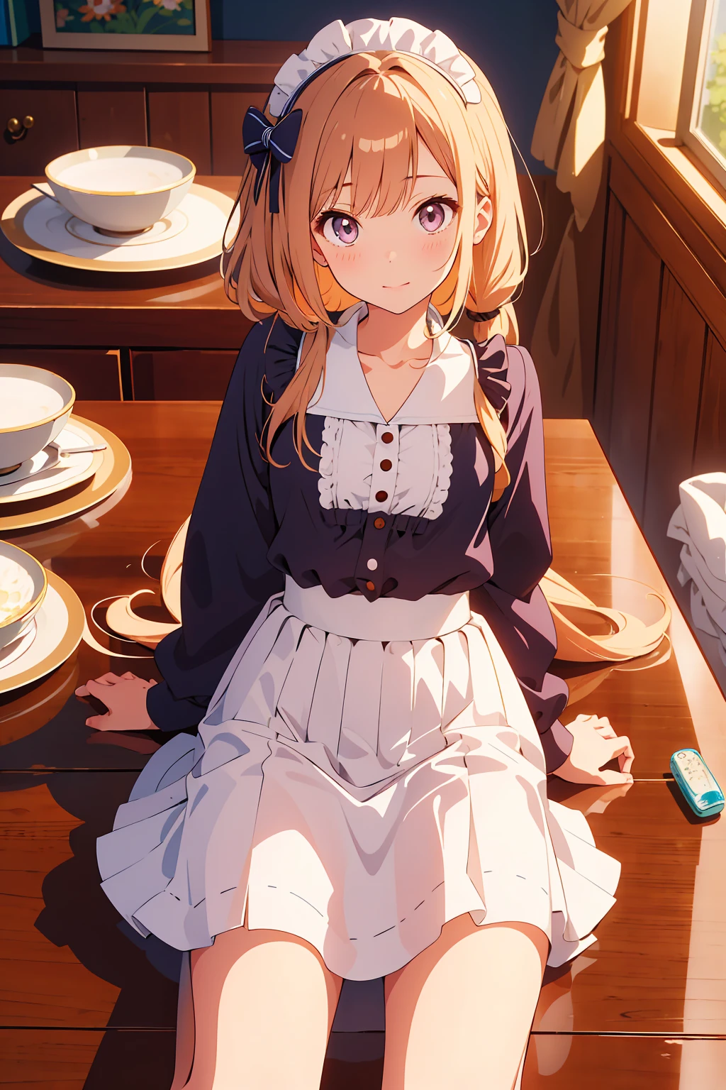 (Highest quality,Tabletop:1.2),(Anime Style,Comic Core:1.1),One Girl,Cute Style,Adorable,Highly detailed eyes,Highly detailed face,Very fine hair,About Hipdar,8k,solve,maid,maid服,mini skirt,squat,
