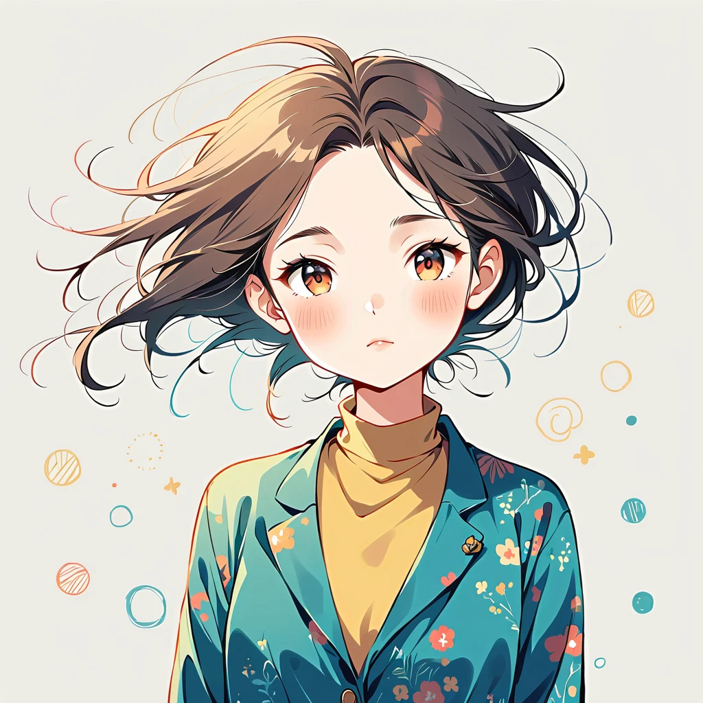 Watase Seizo style, Standing in front of a high wall，Simple Line Initialism，Abstract art，Urban Background, (((The most beautiful girl))),