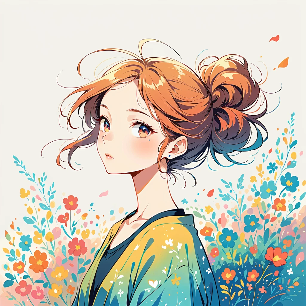 Watase Seizo style, Standing in front of a high wall，Simple Line Initialism，Abstract art，Urban Background, (((The most beautiful girl))),