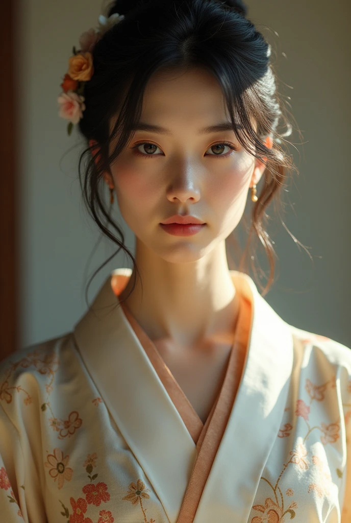 An elegantly dressed Japanese woman in natural light、A close-up of her chest and calm expression.、It shows her inner peace and outer charm.。