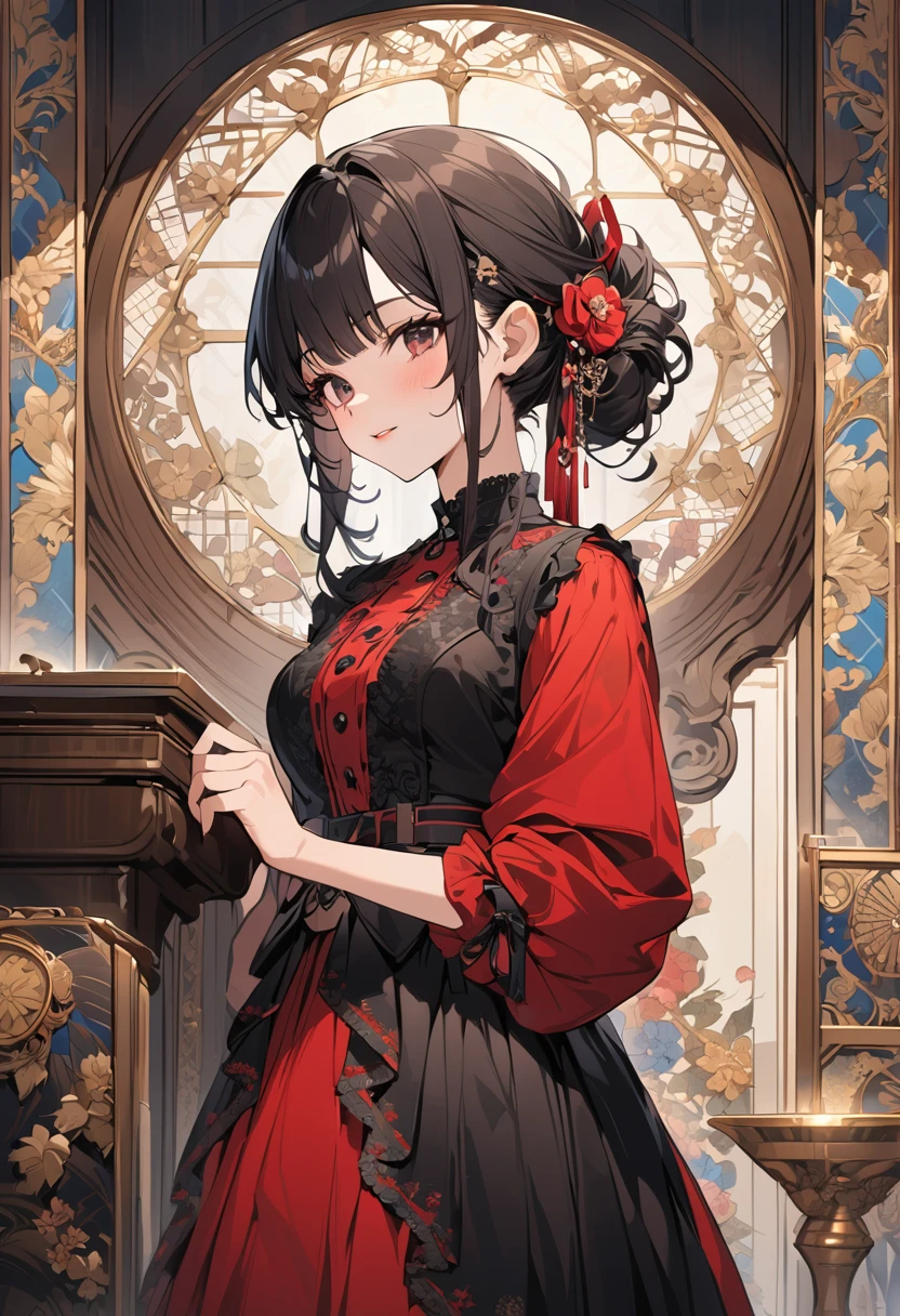 (masterpiece, best quality,ultra highres),An illustration of an european girl's silhouette with traditional french patterns and floral motifs, creating a visually stunning composition on the canvas. The background is adorned with vintage-style elements like lacework details and checkered paper textures. This design adds intricate beauty to your creative projects in the style of traditional french art.