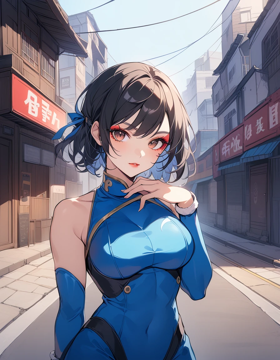 score_9, score_8_up, score_7_up, BREAK, score_9, 1girl, chun-li (\street fighter)\, black hair, brown eyes, makeup, eyelashes, short hair, breasts, looking at viewer, fist on hand, lips, alpha_costume, blue bodysuit, blue leotard, blue vest, sleeveless, cowboy shot, landscape, street
