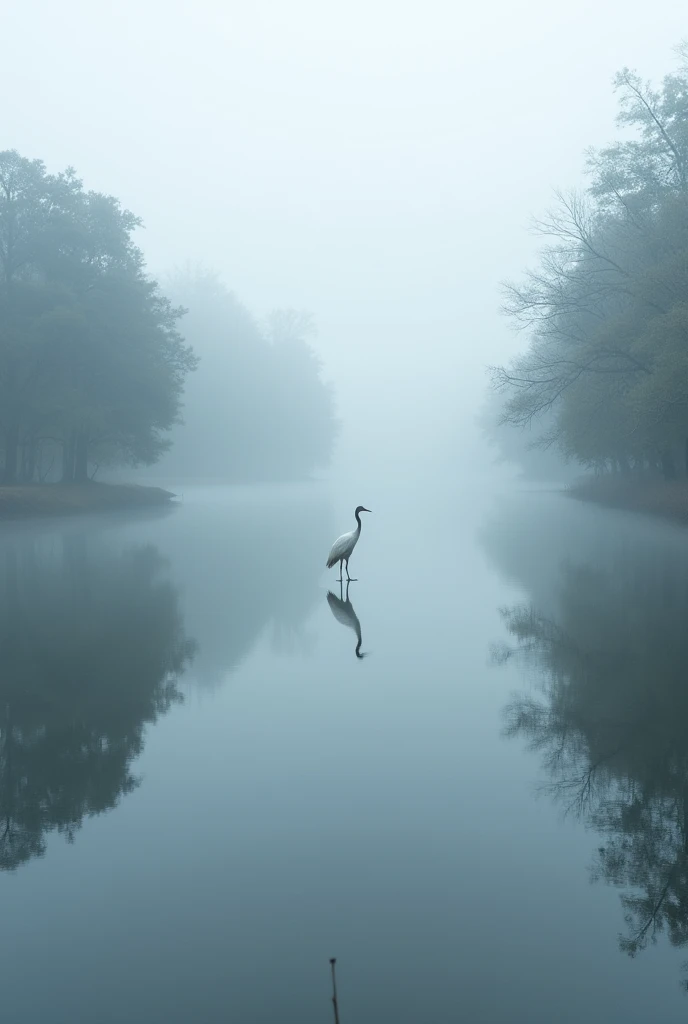 Lake surface,There are pine trees on the left and right,There are banyan trees on the left and right,inverted image,Heavy fog,A white crane stands on one side,Heads-up,Photographic works,high detal