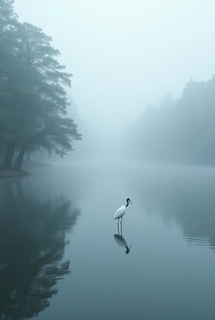 Lake surface,There are pine trees on the left and right,There are banyan trees on the left and right,inverted image,Heavy fog,A white crane stands on one side,Heads-up,Photographic works,high detal
