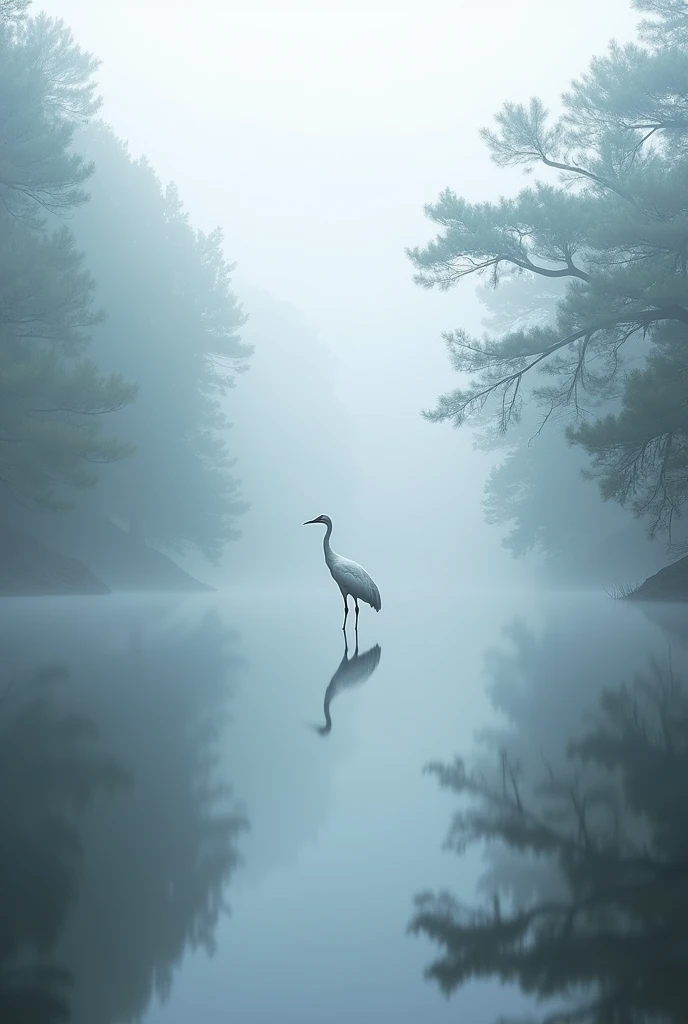Lake surface，There are pine trees on the left and right，There are banyan trees on the left and right，inverted image，Heavy fog，A white crane stands on one side，Heads-up，Photographic works，high detal