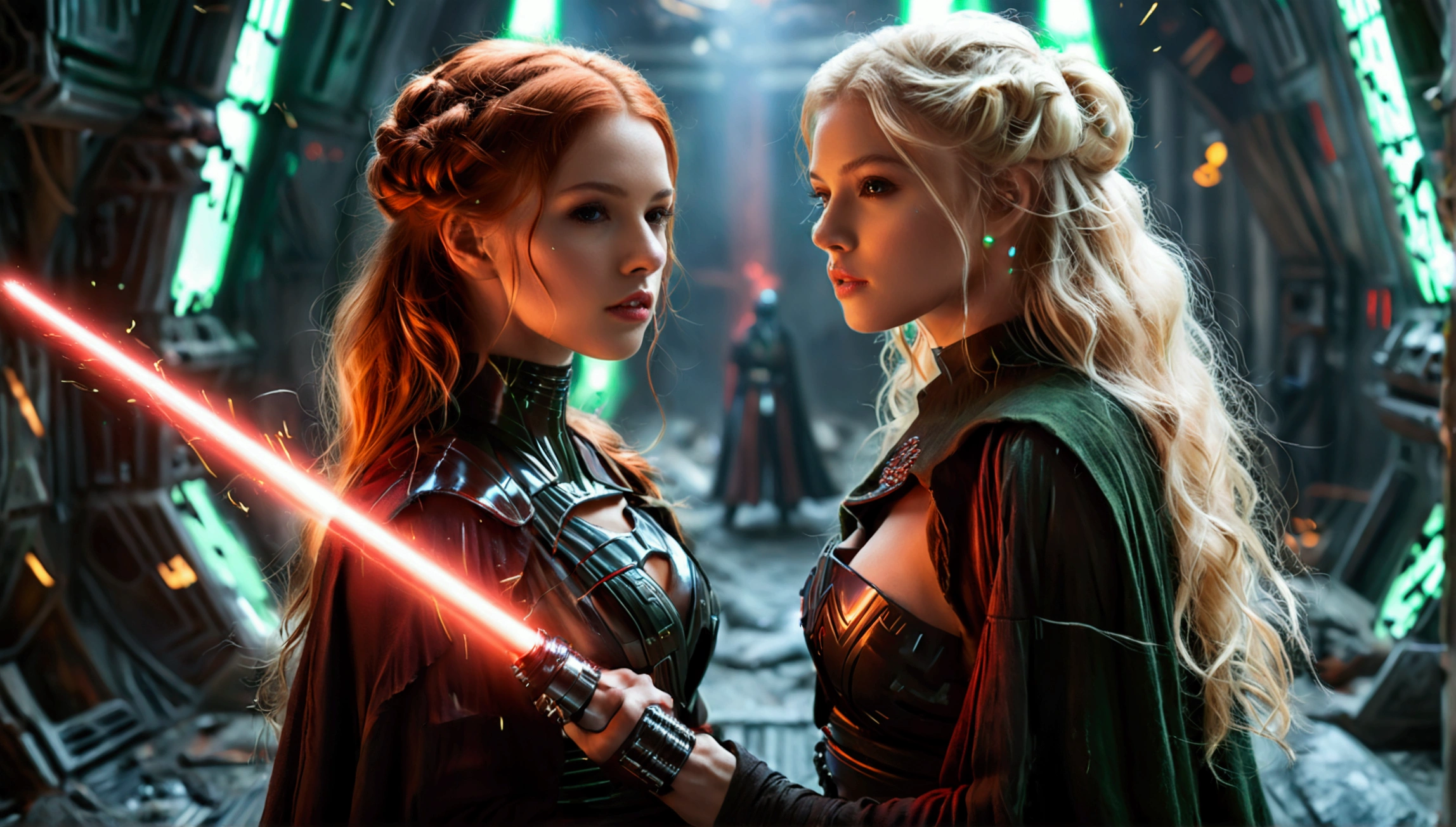 (full body shot:1) photorealistic image of two (standing pose:1) women, ultrarealistic, photography, one with long red hair, (woman, 24 years old, hourglass figure, perfect body, seductive look, natural medium breasts, blur background, in complete darkness, she is wearing a sith robe, she is holding a red lightsaber), the lightsaber is the only lightsource, on a dark destroyed spacestation, explosion in the background, long sexy legs, the other girl has platinum blonde long hair, (30 years old, curvy figure, she is wearing a jedi robe, green lightsaber, natural big breasts), side view, the two girls are crossing their lightsabers in a battle, sparks are flying, dynamic shot, action shot