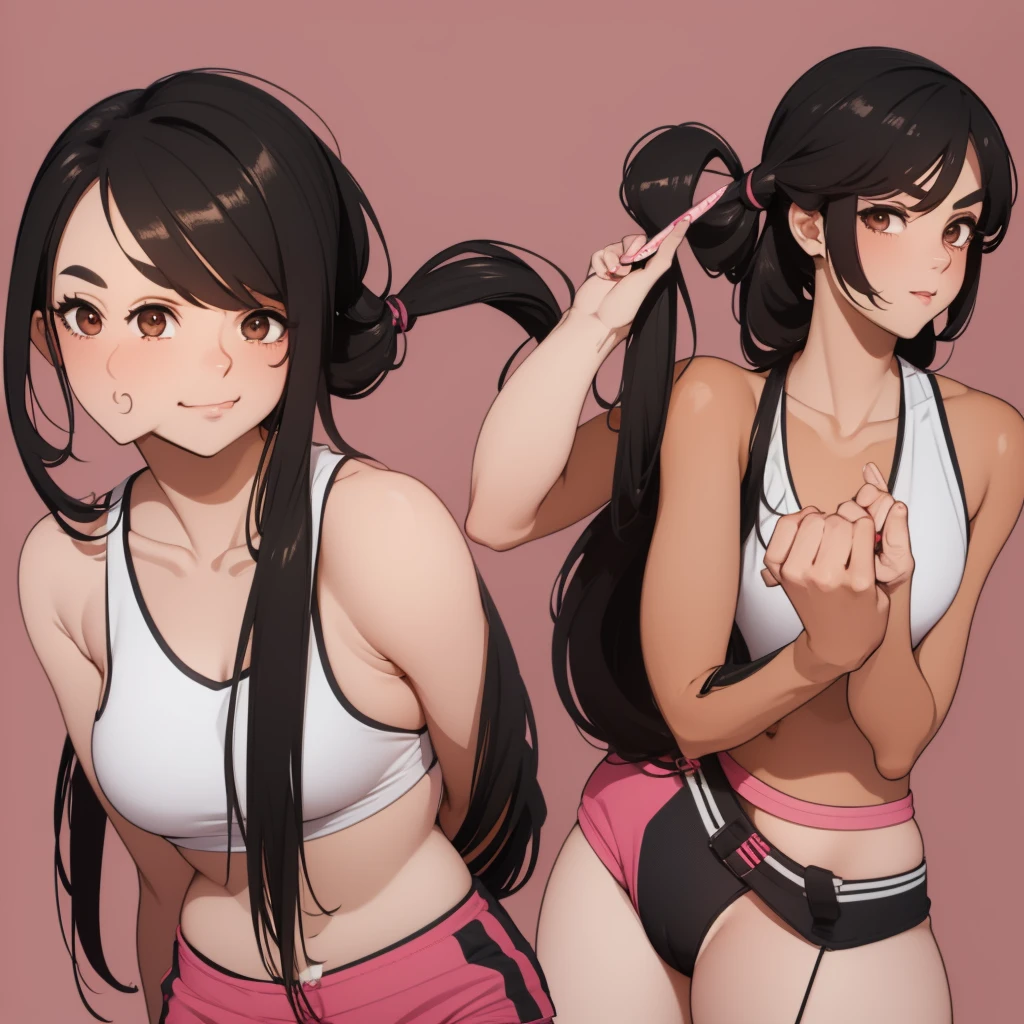 Female, medium hair, black hair, pony tail, cute face, brown eyes, nice eyebrows, cute mocking face, stick out tounge, white skin, 160cm height, standing pose, pink neck crop top singlet, hot pants, bedroom background
