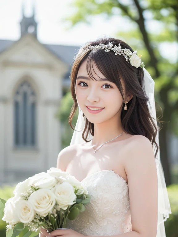 Photo-realistic quality、a woman in a Wedding dress holding a bouquet of flowers、Standing in front of the church、20 year old Japanese model、白のWedding dress,Hanae Mori style wedding dress、Japan idols at 20 years old、lace prom dresses、looking at the camera、Detailed and beautiful eyes、Cute smile、Relaxed and gentle expression、a close up of a woman in a Wedding dress holding a bouquet, Wedding dress, So magical and dreamy、Blur the background a lot、300mm F2.Shot with 8 lenses