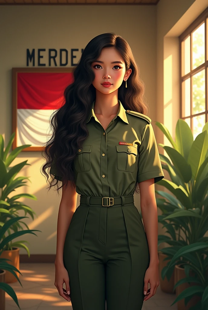 (photorealism:1.2), beautiful woman, wearing army-uniform, wall background say that "MERDEKA", Indonesia flag, standing on school yard, long curly hair, outdoors, soft lighting, plants in background, window with sunlight, cozy room, relaxed pose, realistic, intricate details, warm colors, by Greg Rutkowski, by Alphonse Mucha