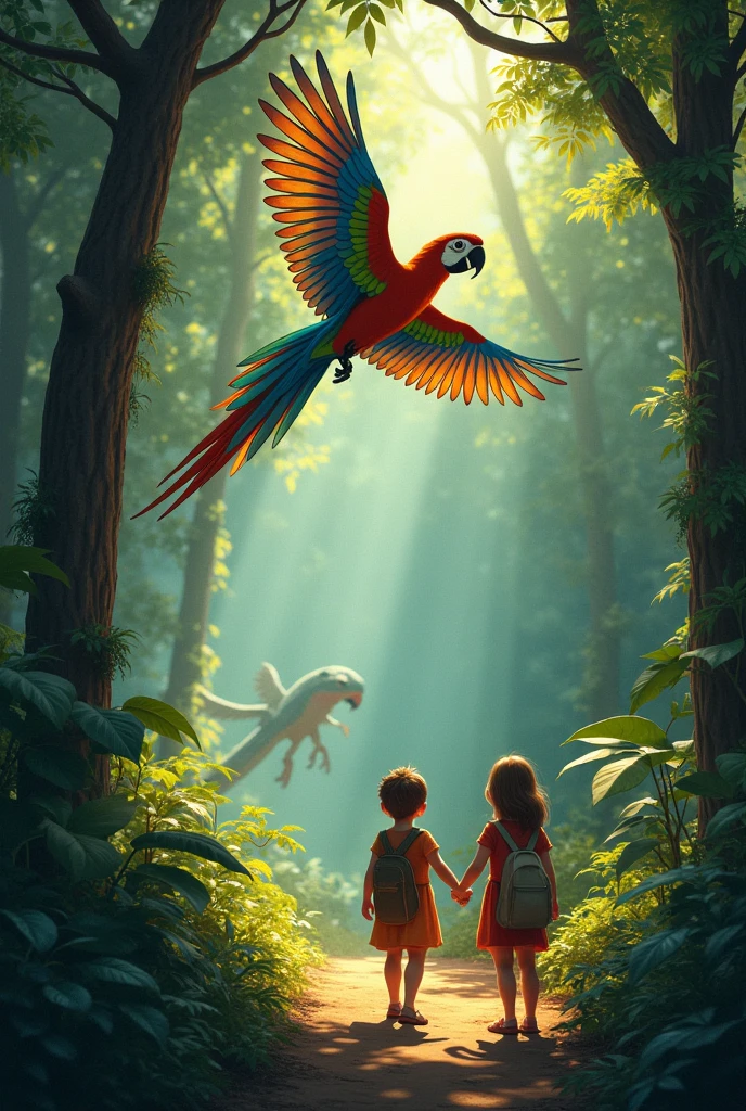 As they advanced through the forest, Peter and Laura, they encountered talking and enchanting animals.
first, knew Jandira, a macaw with bright feathers.
The Jandira Macaw, Peter and Laura evitaram uma planta carnívora e descobriram uma trilha secreta.