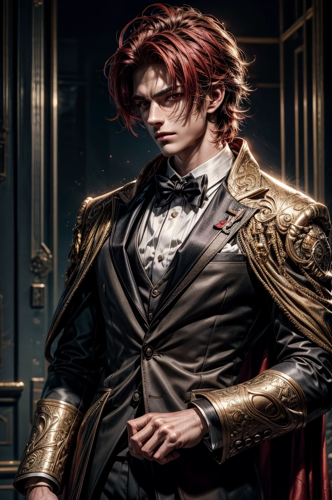 Raw photo, masterpiece, best quality, ultra-detailed, high resolution, extremely detailed CG, unity 8k wallpaper, official art, production art, novel illustration, caustics, textile shading, super detailed skin, perfect anatomy, detailed, cinematic lighting, dynamic lighting, piercing red eyes, young adult guy, chiseled physique, 20 years old, handsome detailed eyes, (bronze-white skin), arrogant smile, (formal clothes:1.5), slender and lanky build, Fiery red hair, piercing jet black eyes, detailed eyes, handsome eyes, full lips, tall height(190cm), behind viewer, back, close up picture

